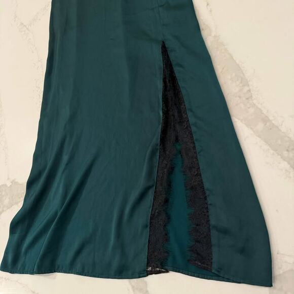 Zara NWT Satin Lace Asymmetrical Midi Slip Dress Womens Medium EmeraldGreen Sexy - Picture 2 of 10